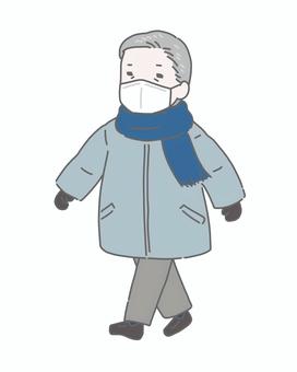 冬にマスク姿で歩くおじいさん 高齢者,シニア,男性,冬,冬服,マスク,歩く,外出,健康,通院のイラスト素材