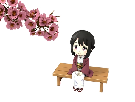 サクラの花をベンチで見る花見の和服の女性 サクラ,花見,和服,女性,ベンチ,春のイラスト素材