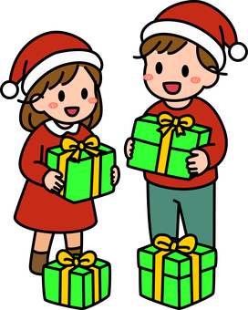 緑のプレゼントを貰う男子女子です。 プレゼント,シンプル,ギフト,喜ぶ,受け取り,サプライズ,笑顔,贈り物,手渡し,お祝いのイラスト素材