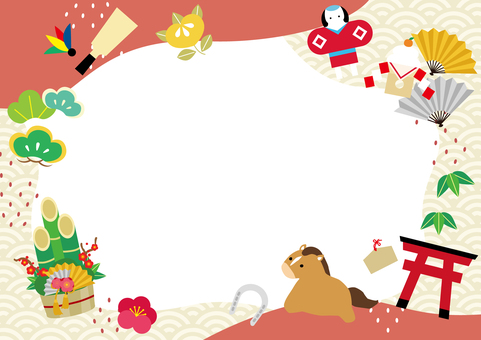 2026年和モダン賑やか年賀フレーム2 午年,年賀,馬,正月,2026年,フレーム,和モダン,年賀状素材,背景素材,枠のイラスト素材