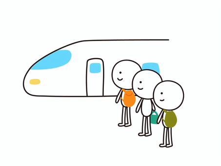 新幹線に並ぶ棒人間たちのイラスト 新幹線,電車,帰省,旅行,旅,帰省ラッシュ,交通手段,移動,交通網,乗り物のイラスト素材