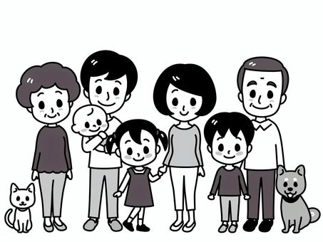 家族　白黒 家族,白黒,親子,二世帯,赤ちゃん,ペット,祖父母,祖母,祖父,父親のイラスト素材