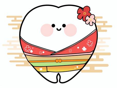 かわいい大臼歯のマスコット（着物） 医療,大臼歯,正月,着物,歯,マスコット,キャラクター,デフォルメ,かわいい,歯科のイラスト素材
