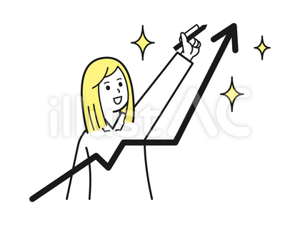 成績アップの矢印を書く女性会社員イラスト
