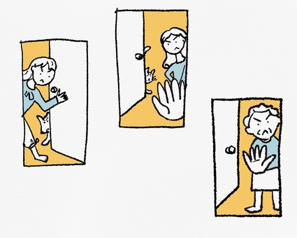 招かざる客をドアで断る女性 拒否,不審者,押し売り,玄関,来客拒否,女性,防犯,日常,生活,断るのイラスト素材