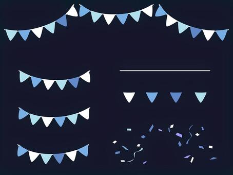 手書き風・青色のガーランドと紙吹雪 ガーランド,フラッグ,旗,三角旗,紙吹雪,パーティ,誕生日,バースデー,お祝い,イベントのイラスト素材