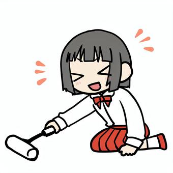 コロコロをかける笑顔の少女 小学生,コロコロ,掃除,笑顔,わくわく,趣味,家事,清掃,にこにこ,楽しいのイラスト素材