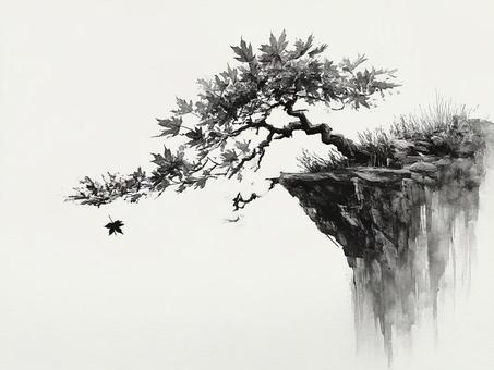 崖っぷちの木　水墨画