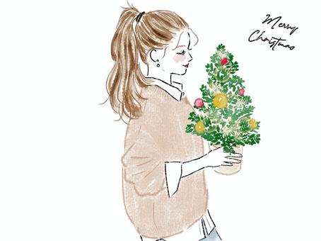 クリスマスツリーを運ぶポニテの女性の横顔 女性,クリスマス,ツリー,横顔,ポニーテール,オーナメント,飾りつけ,飾る,持つ,水彩のイラスト素材