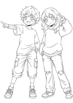 2人の男女 ぬり絵,手書き,線画,白黒,塗り絵,ぬりえ,人物,男の子,女の子,男女のイラスト素材