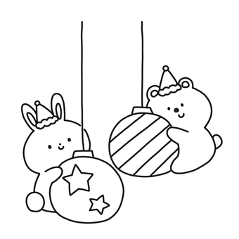 クリスマスオーナメントとうさくま クリスマス,オーナメント,うさぎ,くま,動物,飾り,サンタ,帽子,モノトーン,塗り絵のイラスト素材