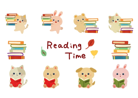 読書の秋セット 読書の秋セット 秋,本,読む,積み重ね,猫,くま,犬,うさぎ,読書,動物のイラスト素材