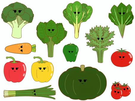 ジト目の緑黄色野菜アイコンセット 野菜,緑黄色野菜,顔,かわいい,アイコン,ジト目,シンプル,手描き,ベタ塗り,キャラクターのイラスト素材