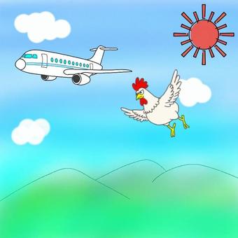 【不合理な絵】どこがへん？　飛ぶニワトリ ニワトリ,飛行機,飛ぶ,間違い,どこがへん,認知,療育,保育,プリント,言語聴覚療法のイラスト素材