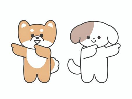 隣り合わせで左右を指差す2匹の犬 柴犬,豆柴,犬,指差し,並んだ,2匹,左右,方向,全身,キャラクターのイラスト素材