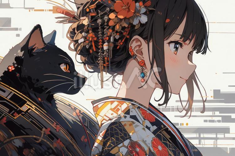 着物女性と猫 黒猫と着物女性イラスト - No: 24307675｜無料イラスト・フリー