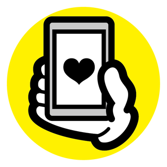 ハートの画面のスマホを持つ手黒 スマホ,手,指,アイコン,マーク,ハート,黄色,黒のイラスト素材