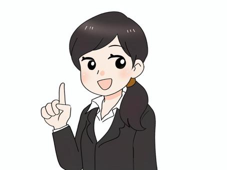 人差し指を立てるスーツの女性のイラスト 女性,人物,人,ビジネス,ビジネスウーマン,キャリアウーマン,スーツ,フォーマル,仕事,解説のイラスト素材
