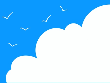 手描き風の青空と白い雲と鳥のイラスト 空,青空,雲,鳥,カモメ,飛ぶ,晴れ,天気,夏,爽やかのイラスト素材