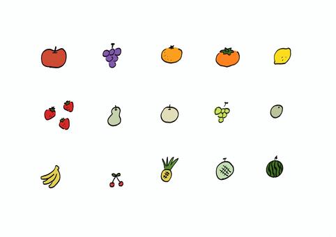 ゆるい手描きフルーツセット フルーツ,果物,りんご,ぶどう,みかん,かき,レモン,いちご,なし,洋梨のイラスト素材