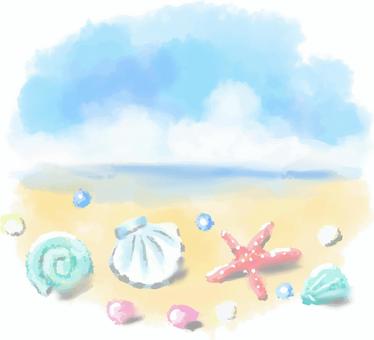 砂浜と貝殻 夏,水彩,海,砂浜,貝殻,貝,８月,７月,挿絵,海岸のイラスト素材