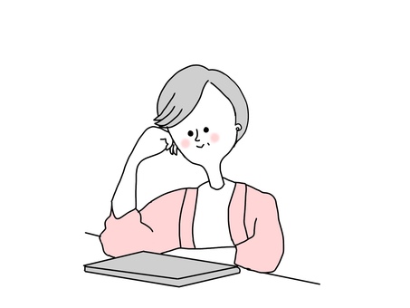 頬杖をつく中年女性 頬杖,中年女性,中高年,シニア,パソコン,休憩,微笑む,シンプル,おしゃれ,可愛いのイラスト素材