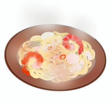 あつあつシーフードパスタ（エビ入り） パスタ,スパゲッティ,シーフード,エビ,和風,あんかけ,ホタテ,茶色い皿,湯気,手描き風のイラスト素材