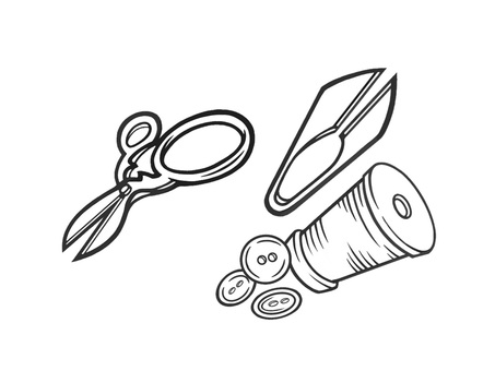 裁縫の手仕事の為の道具のはさみ等のセット 裁縫道具,ボビン,糸きりばさみ,糸,裁縫セット,ソーイング,手描き,家庭科,手仕事,手芸のイラスト素材