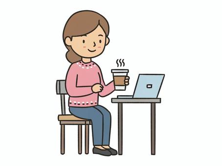 自宅でパソコンを使う女性 パソコン,在宅ワーク,テレワーク,在宅勤務,ネットショッピング,イラスト,透過,女性,女,大人のイラスト素材