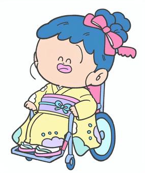 着物を着た車椅子の女の子の手描きイラスト 車椅子,車いす,車イス,着物,女の子,正月,七五三,和装,行事,日本のイラスト素材