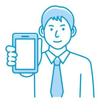スマホの画面と男性会社員イラスト(笑顔) 男性,人物,笑顔,ビジネスマン,スマホ,スマイル,会社員,嬉しい,日本人,アジア人のイラスト素材