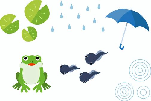 Illustration, a frog, tadpoles, umbrella, 