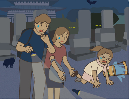 夜の墓参り 夜,墓参り,家族,懐中電灯,転倒,不安,狸,寺,神社,墓地のイラスト素材