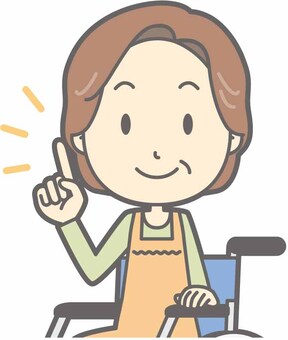 Middle-aged housewife a-Wheelchair pointing-Bust, wheelchair, a smile, grandmother, JPG, PNG and AI