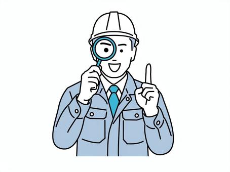 点検する作業員 作業服,男性,作業員,ヘルメット,工務店,リフォーム,点検,検査,虫眼鏡,大工のイラスト素材