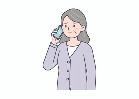 シニア女性 スマホ通話 トラブル シニア,高齢者,女性,おばあちゃん,スマホ,スマートフォン,通話,電話,トラブル,詐欺のイラスト素材