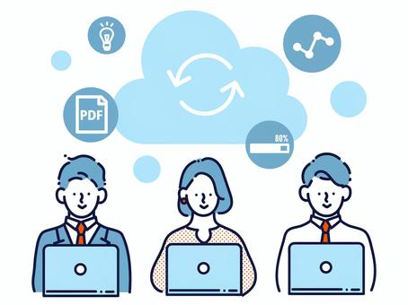 クラウドサービスでデータ・進捗などを共有 クラウド,データ,情報,ファイル,進捗,アイディア,案,更新,共有,サービスのイラスト素材