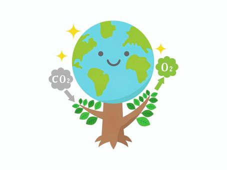 環境のイラスト2 地球,環境,アース,緑,木,葉,二酸化炭素,酸素,光合成,矢印のイラスト素材