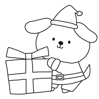 クリスマスプレゼントと犬 クリスマス,プレゼント,犬,動物,サンタ,帽子,冬,モノトーン,塗り絵,可愛いのイラスト素材