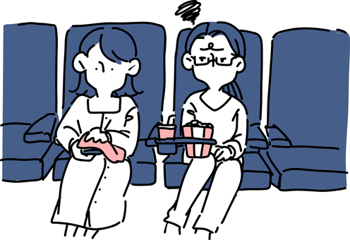 隣の席の人がスマホをいじってて嫌な女性 隣の席の人がスマホをいじってて嫌な女性 女性,映画館,マナー,違反,ポップコーン,ドリンク,座席,スマホ,人物,線画のイラスト素材