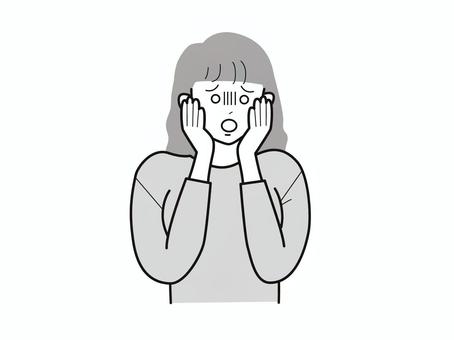 手を頬に当て青ざめる若い女性2／白黒 上半身,長袖,両手,頬,青ざめる,女性,お母さん,ママ,学生,社会人のイラスト素材