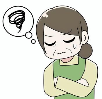 腕を組んで悩むエプロン姿の叔母_02 悩む,悶々,ストレス,不安,分からない,どうして,うーん,どうしよう,手描き,手書きのイラスト素材