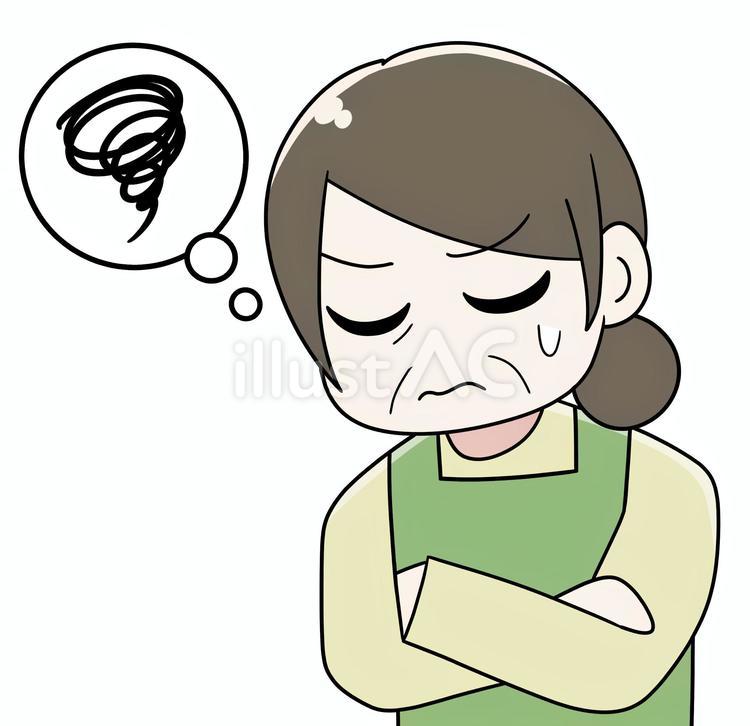 腕を組んで悩むエプロン姿の叔母_02 悩む,悶々,ストレスのイラスト素材