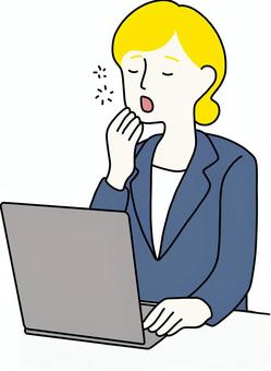 パソコン作業する女性　金髪　あくび パソコン,タイピング,デスクワーク,仕事,テレワーク,在宅勤務,オンライン,会社員,大人,働くのイラスト素材