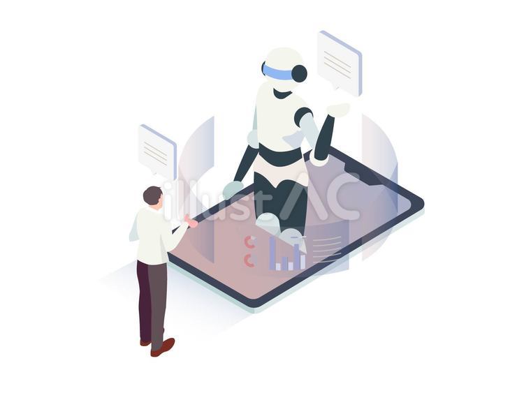 AIと話すサラリーマン男性のアイソメ ai,人工知能,ロボットのイラスト素材