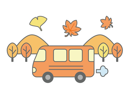 秋の行楽_遠足バス_カラー 秋,遠足,バス,行楽,紅葉,挿絵,山,イチョウ,ピクニック,ハイキングのイラスト素材