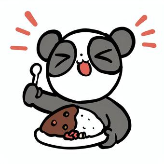 カレーライスとパンダ パンダ,カレーライス,ご飯,食事,洋食,山盛り,大盛,笑顔,嬉しい,喜ぶのイラスト素材