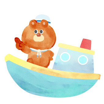 水彩画_船に乗る_01 熊,動物,手描き,水彩画,水彩,水彩風,水彩画風,夏休み,船舶,釣り船のイラスト素材