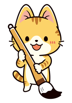 大筆を使って書道をする可愛い茶トラ猫 書道,書初め,習字,正月,毛筆,日本,芸術,年賀状,習い事,書道教室のイラスト素材