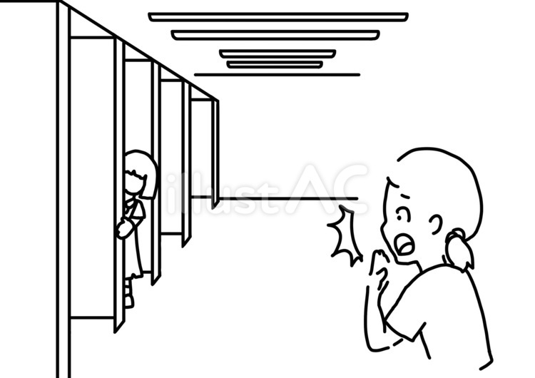 トイレからこちらを覗く花子さん　線画 トイレの花子さん,女児,子供のイラスト素材